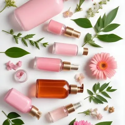 A Flat Lay Arrangement Of Various Natural Beauty And Skincare Products Including A Glass Bottle A Pink Cosmetic Bottle And Fresh Flowers And Leaves On A White Background 15