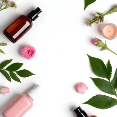 A Flat Lay Arrangement Of Various Natural Beauty And Skincare Products Including A Glass Bottle A Pink Cosmetic Bottle And Fresh Flowers And Leaves On A White Background 16 40f5