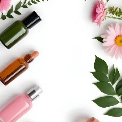 A Flat Lay Arrangement Of Various Natural Beauty And Skincare Products Including A Glass Bottle A Pink Cosmetic Bottle And Fresh Flowers And Leaves On A White Background 18 613f