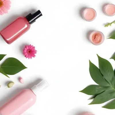 A Flat Lay Arrangement Of Various Natural Beauty And Skincare Products Including A Glass Bottle A Pink Cosmetic Bottle And Fresh Flowers And Leaves On A White Background 20 8597