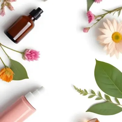 A Flat Lay Arrangement Of Various Natural Beauty And Skincare Products Including A Glass Bottle A Pink Cosmetic Bottle And Fresh Flowers And Leaves On A White Background 22 20bb
