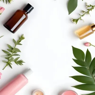 A Flat Lay Arrangement Of Various Natural Beauty And Skincare Products Including A Glass Bottle A Pink Cosmetic Bottle And Fresh Flowers And Leaves On A White Background 23