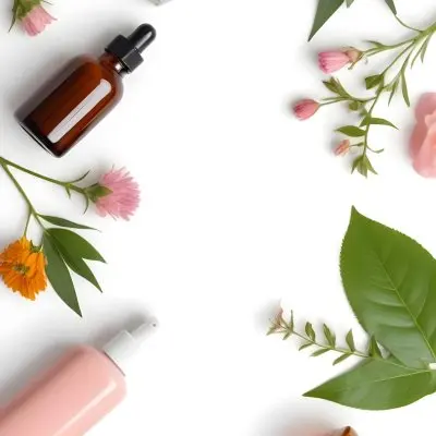 A Flat Lay Arrangement Of Various Natural Beauty And Skincare Products Including A Glass Bottle A Pink Cosmetic Bottle And Fresh Flowers And Leaves On A White Background 25 47f7