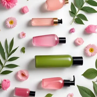 A Flat Lay Arrangement Of Various Natural Beauty And Skincare Products Including A Glass Bottle A Pink Cosmetic Bottle And Fresh Flowers And Leaves On A White Background 27 Cc64