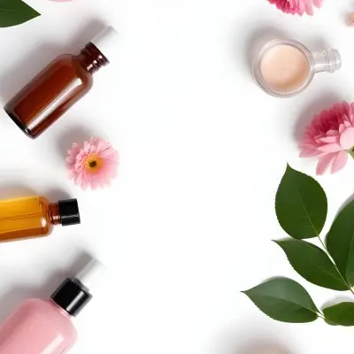 A Flat Lay Arrangement Of Various Natural Beauty And Skincare Products Including A Glass Bottle A Pink Cosmetic Bottle And Fresh Flowers And Leaves On A White Background 4 7fca