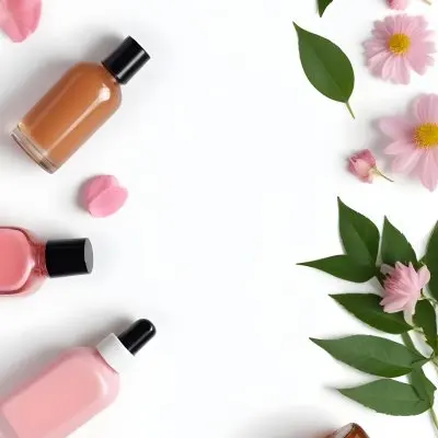 A Flat Lay Arrangement Of Various Natural Beauty And Skincare Products Including A Glass Bottle A Pink Cosmetic Bottle And Fresh Flowers And Leaves On A White Background 6 D9f7