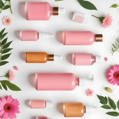 A Flat Lay Arrangement Of Various Natural Beauty And Skincare Products Including A Glass Bottle A Pink Cosmetic Bottle And Fresh Flowers And Leaves On A White Background 8 8e66