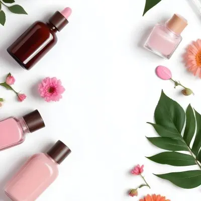 A Flat Lay Arrangement Of Various Natural Beauty And Skincare Products Including A Glass Bottle A Pink Cosmetic Bottle And Fresh Flowers And Leaves On A White Background 9 5e38