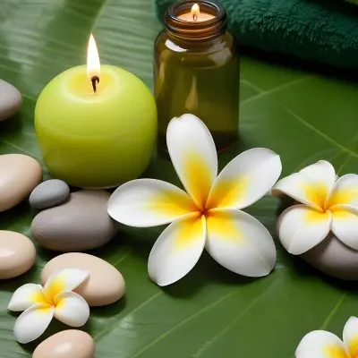 A Frangipani Flower A Candle Stones And A Jar Of Oil On A Green Leaf Background With A Green Towel In The Upper Right Corner 10 Fe00