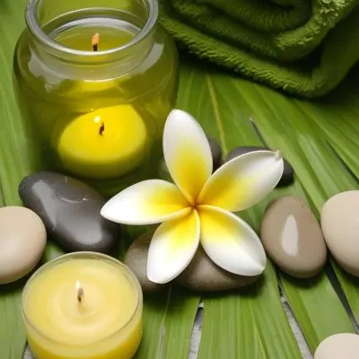 A Frangipani Flower A Candle Stones And A Jar Of Oil On A Green Leaf Background With A Green Towel In The Upper Right Corner 11 D5d8