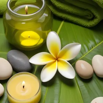 A Frangipani Flower A Candle Stones And A Jar Of Oil On A Green Leaf Background With A Green Towel In The Upper Right Corner 14 A101