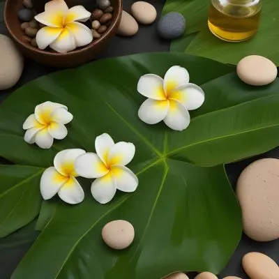 A Frangipani Flower A Candle Stones And A Jar Of Oil On A Green Leaf Background With A Green Towel In The Upper Right Corner 15 7658