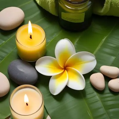 A Frangipani Flower A Candle Stones And A Jar Of Oil On A Green Leaf Background With A Green Towel In The Upper Right Corner 18 1bfb
