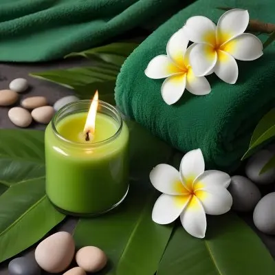 A Frangipani Flower A Candle Stones And A Jar Of Oil On A Green Leaf Background With A Green Towel In The Upper Right Corner 20 D8c8