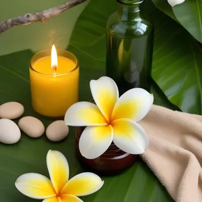 A Frangipani Flower A Candle Stones And A Jar Of Oil On A Green Leaf Background With A Green Towel In The Upper Right Corner 21 Dd74