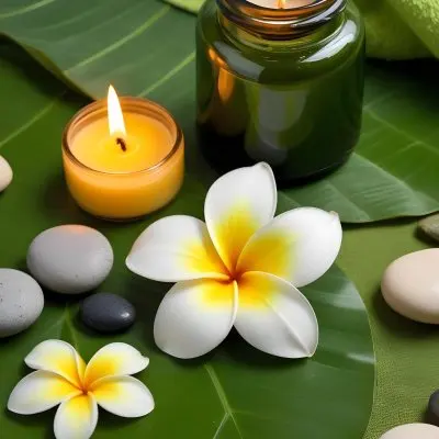 A Frangipani Flower A Candle Stones And A Jar Of Oil On A Green Leaf Background With A Green Towel In The Upper Right Corner 23 737f