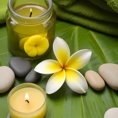 A Frangipani Flower A Candle Stones And A Jar Of Oil On A Green Leaf Background With A Green Towel In The Upper Right Corner 3 E82c