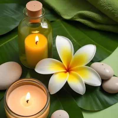 A Frangipani Flower A Candle Stones And A Jar Of Oil On A Green Leaf Background With A Green Towel In The Upper Right Corner 30 B606