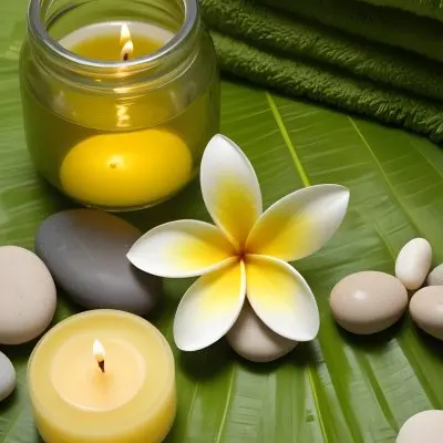 A Frangipani Flower A Candle Stones And A Jar Of Oil On A Green Leaf Background With A Green Towel In The Upper Right Corner 4 62b6