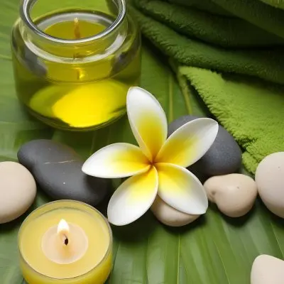 A Frangipani Flower A Candle Stones And A Jar Of Oil On A Green Leaf Background With A Green Towel In The Upper Right Corner 6 04ec