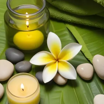 A Frangipani Flower A Candle Stones And A Jar Of Oil On A Green Leaf Background With A Green Towel In The Upper Right Corner 7 8459
