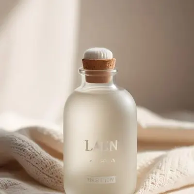 A Frosted Glass Bottle With A Glass Cap Labeled Linen Sitting On A White Knitted Fabric Soft Lighting Minimalist Aesthetic Neutral Color Palette Blurred Background 12 3303