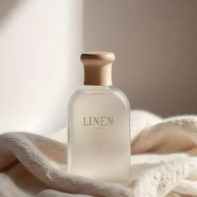 A Frosted Glass Bottle With A Glass Cap Labeled Linen Sitting On A White Knitted Fabric Soft Lighting Minimalist Aesthetic Neutral Color Palette Blurred Background 13 2b15