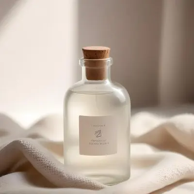 A Frosted Glass Bottle With A Glass Cap Labeled Linen Sitting On A White Knitted Fabric Soft Lighting Minimalist Aesthetic Neutral Color Palette Blurred Background 18 307a