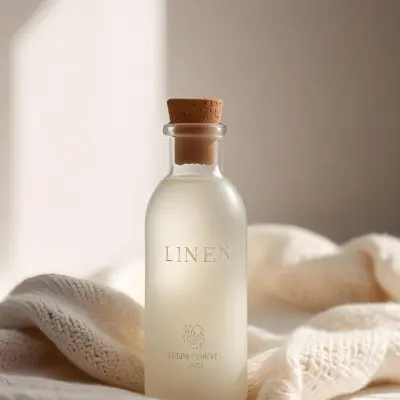A Frosted Glass Bottle With A Glass Cap Labeled Linen Sitting On A White Knitted Fabric Soft Lighting Minimalist Aesthetic Neutral Color Palette Blurred Background 19 28cc