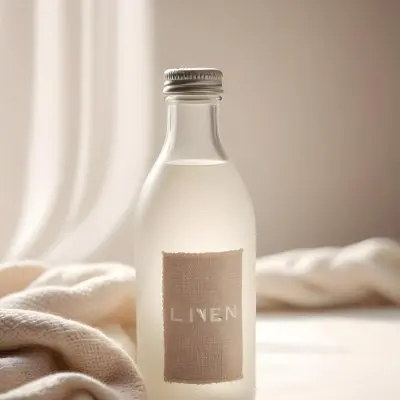 A Frosted Glass Bottle With A Glass Cap Labeled Linen Sitting On A White Knitted Fabric Soft Lighting Minimalist Aesthetic Neutral Color Palette Blurred Background 21 6891