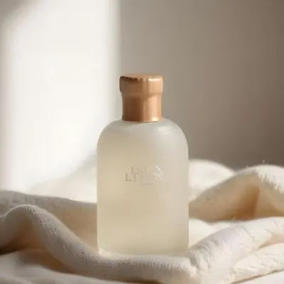 A Frosted Glass Bottle With A Glass Cap Labeled Linen Sitting On A White Knitted Fabric Soft Lighting Minimalist Aesthetic Neutral Color Palette Blurred Background 22 Ff4e