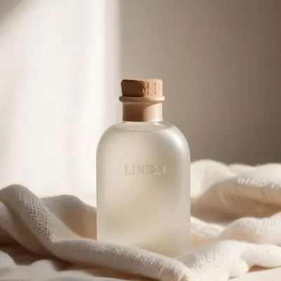 A Frosted Glass Bottle With A Glass Cap Labeled Linen Sitting On A White Knitted Fabric Soft Lighting Minimalist Aesthetic Neutral Color Palette Blurred Background 27 D5fa