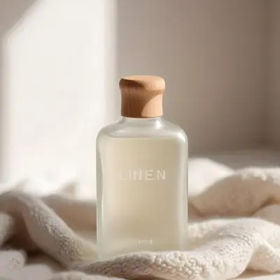 A Frosted Glass Bottle With A Glass Cap Labeled Linen Sitting On A White Knitted Fabric Soft Lighting Minimalist Aesthetic Neutral Color Palette Blurred Background 29 E1b7
