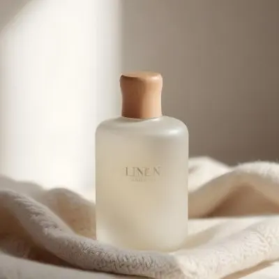 A Frosted Glass Bottle With A Glass Cap Labeled Linen Sitting On A White Knitted Fabric Soft Lighting Minimalist Aesthetic Neutral Color Palette Blurred Background 30 C9b5