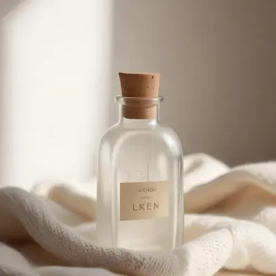 A Frosted Glass Bottle With A Glass Cap Labeled Linen Sitting On A White Knitted Fabric Soft Lighting Minimalist Aesthetic Neutral Color Palette Blurred Background 4 Ff50