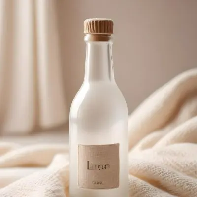 A Frosted Glass Bottle With A Glass Cap Labeled Linen Sitting On A White Knitted Fabric Soft Lighting Minimalist Aesthetic Neutral Color Palette Blurred Background 5 7b15