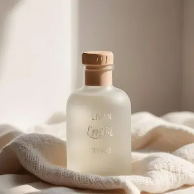 A Frosted Glass Bottle With A Glass Cap Labeled Linen Sitting On A White Knitted Fabric Soft Lighting Minimalist Aesthetic Neutral Color Palette Blurred Background 6 1dcc