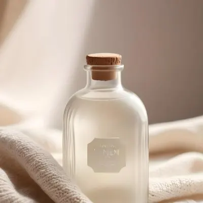 A Frosted Glass Bottle With A Glass Cap Labeled Linen Sitting On A White Knitted Fabric Soft Lighting Minimalist Aesthetic Neutral Color Palette Blurred Background 9 D97b