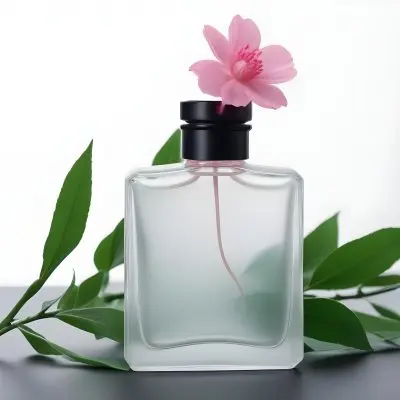 A Frosted Glass Perfume Bottle With A Pink Cap A Pink Flower On Top And Green Leaves Around It On A Glass Surface And Black Background 11 31fc