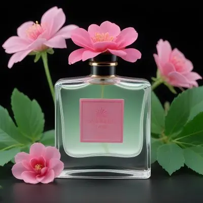 A Frosted Glass Perfume Bottle With A Pink Cap A Pink Flower On Top And Green Leaves Around It On A Glass Surface And Black Background 13 D213