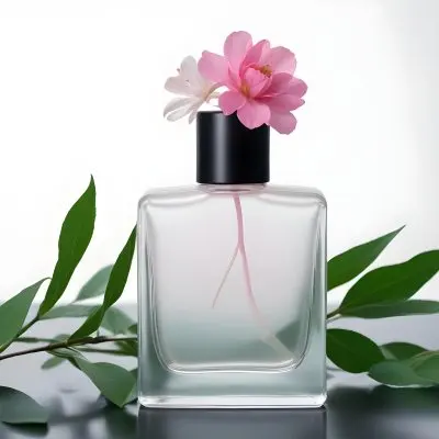 A Frosted Glass Perfume Bottle With A Pink Cap A Pink Flower On Top And Green Leaves Around It On A Glass Surface And Black Background 39 407c