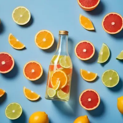 A Glass Bottle Filled With A Citrus Based Liquid Surrounded By Sliced Lemons Limes Oranges And Grapefruits On A Blue Background 1 216d