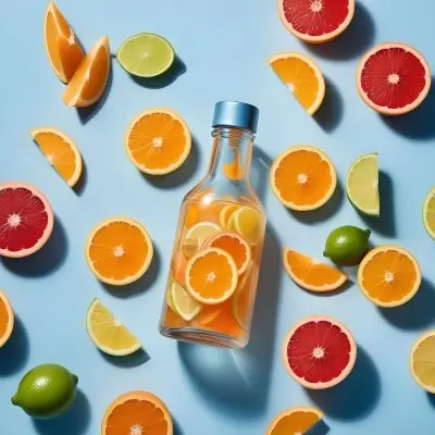 A Glass Bottle Filled With A Citrus Based Liquid Surrounded By Sliced Lemons Limes Oranges And Grapefruits On A Blue Background 5 7402