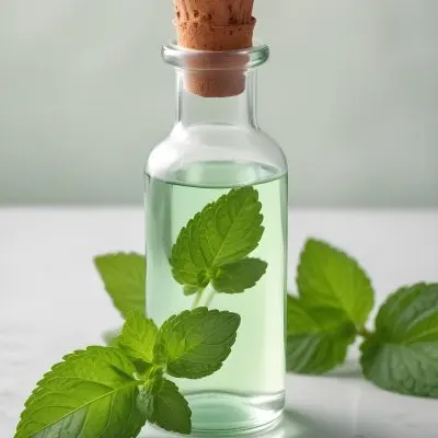 A Glass Bottle Filled With A Clear Green Liquid Likely Mint Or Peppermint Essential Oil With Fresh Mint Leaves Surrounding It On A Light Background 16 701c