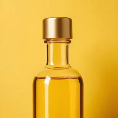A Glass Bottle Filled With Golden Colored Olive Oil Against A Bright Yellow Background 1 8a06