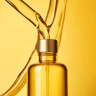 A Glass Bottle Filled With Golden Colored Olive Oil Against A Bright Yellow Background 8 84fa