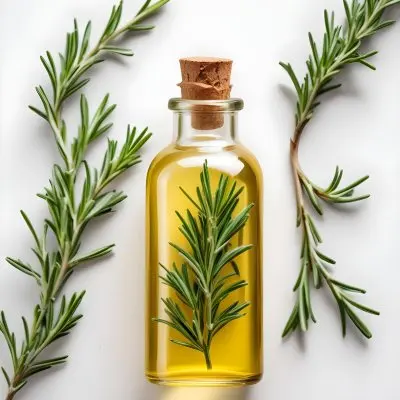 A Glass Bottle Filled With Yellow Essential Oil Surrounded By Sprigs Of Rosemary On A White Background 18 A322