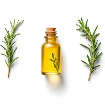 A Glass Bottle Filled With Yellow Essential Oil Surrounded By Sprigs Of Rosemary On A White Background 19 3f4a