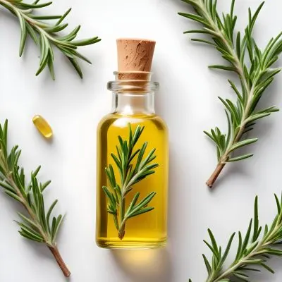 A Glass Bottle Filled With Yellow Essential Oil Surrounded By Sprigs Of Rosemary On A White Background 21 60c8