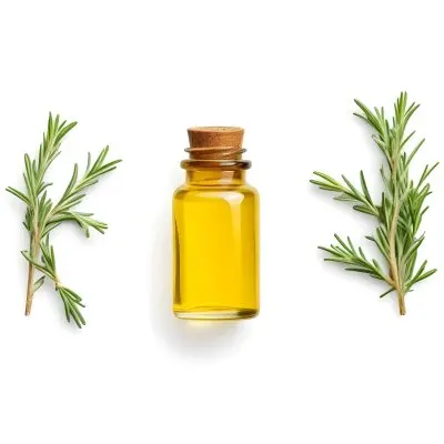 A Glass Bottle Filled With Yellow Essential Oil Surrounded By Sprigs Of Rosemary On A White Background 23 1eb2